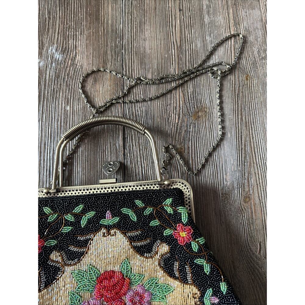 Vintage Hand Beaded Purse Black Colorful Roses Bag 1950 1960 flapper party - Picture 7 of 16